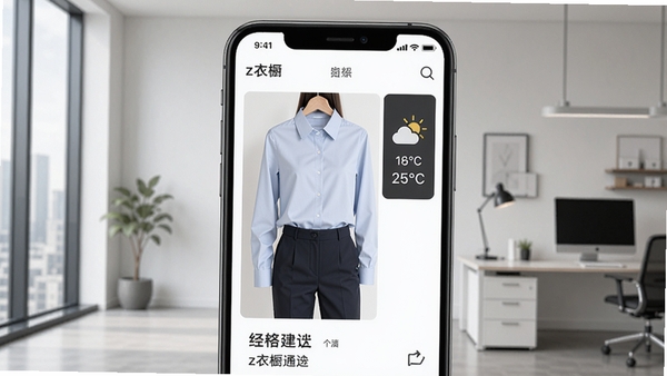 z衣橱场景穿搭推荐界面,手机屏幕上展示一套职业通勤穿搭,包括浅色衬衫与深色西裤,旁边显示天气图标和温度,背景为现代简约办公室一角,画面清晰展示搭配建议与细节说明,整体氛围专业而时尚。