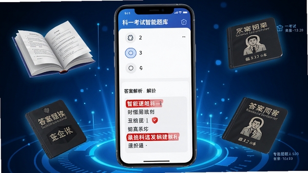 科一考试智能题库界面，手机屏幕展示选择题和答案解析，解析区域有红色高亮关键词，背景为蓝色科技感光效，书籍和驾驶证模型悬浮四周，整体风格现代简洁，突出智能刷题与专业感