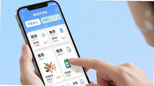 高跖医药商城APP主界面预览图，手机屏幕内展示清晰的药品分类导航与推荐商品卡片，背景为柔和渐变蓝色调，前景是持机的用户手指点击操作，画面干净明亮，突出移动端购药的便捷性与软件的专业感