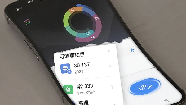 Upp应用在手机后台运行文件扫描与清理的界面截图，屏幕上方显示彩色的存储空间占比环形图，下方列出可清理项目及大小，点击按钮后出现扫过动画，画面干净清爽，突出智能与高效。