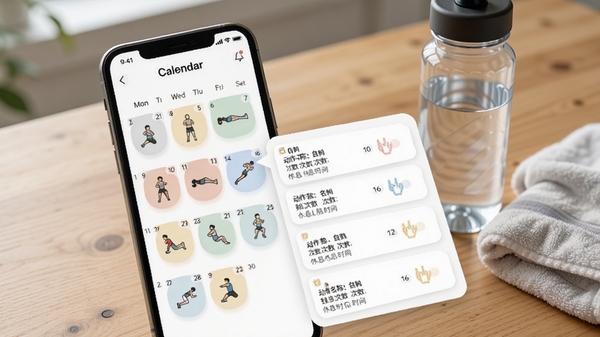 动势定制化训练方案展示,画面显示手机应用内的日历视图,每一天的日期格子里有不同的训练动作图标,点击某一天展开详细的训练列表,包含动作名称、组数、次数和休息时间,界面采用卡片式设计,色彩柔和,背景为木色桌面,放有运动水壶和毛巾。