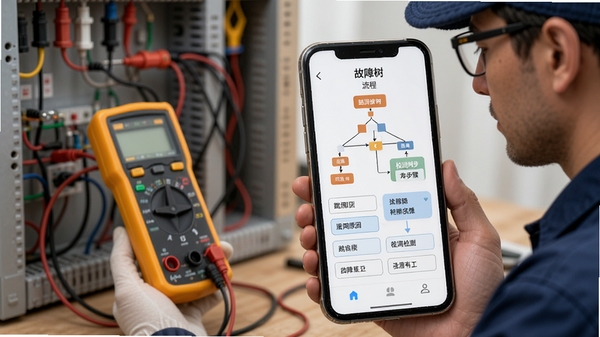 电工接线通故障排查功能演示，手机界面显示“故障树”流程，包含跳闸原因选项与检测步骤，背景为电工正在使用万用表测试电路，画面细节丰富，聚焦故障分析场景。