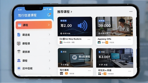 展示笃行信道APP界面，左侧为课程分类列表，右侧为推荐课程卡片，背景模拟真实手机屏幕，色彩鲜明，UI设计现代简约，突出智能推荐与丰富课程资源。