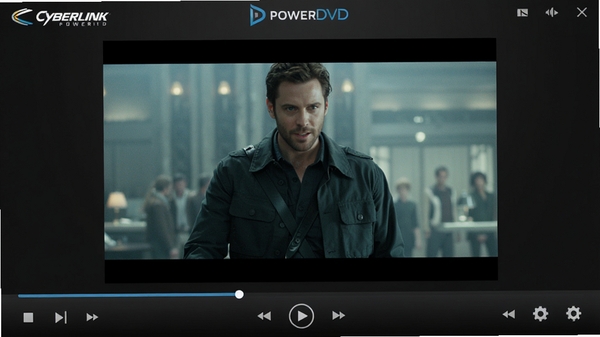 CyberLink PowerDVD 主界面预览图，深色背景，界面中央显示高清电影画面，周围环绕简洁的播放控制栏，整体风格现代高端，突出软件品牌Logo