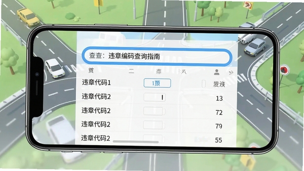 违章编码查询指南主界面展示,手机屏幕显示查询框和违章代码列表,背景为简洁的交通道路元素,画面清晰明亮,符合工具类APP风格