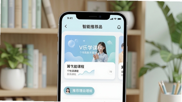 V乐学智能推荐界面，手机屏幕上展示个性化课程卡片与推荐理由标签，背景为书架与绿植，画面柔和，突出算法推荐逻辑，风格清新，浅色调，高清渲染