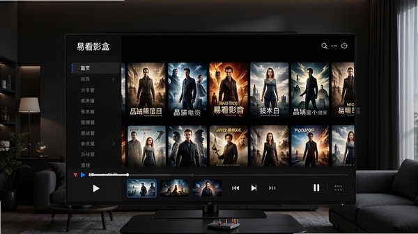 易看影音盒主界面预览图，展示简洁的播放器外观、高清影视海报墙和分类导航栏，背景为深色客厅影音环境，整体画面清晰明亮，突出软件在电脑上运行的流畅感。