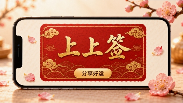 好事临门喜好运签文功能展示，一部手机横屏展示一张红色底纹的电子签文卡片，卡片上印有“上上签”字样和波浪形祥云底纹，文字为金色书法体，卡片下方有“分享好运”按钮，周围散落着几朵梅花花瓣，画面温馨明亮。