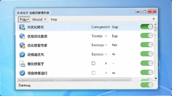 软件功能界面展示加载项管理列表，IE优化修复专家窗口内显示多个插件条目与启用禁用开关，界面简洁直观，背景为淡蓝色渐变，渲染出清爽的优化效果