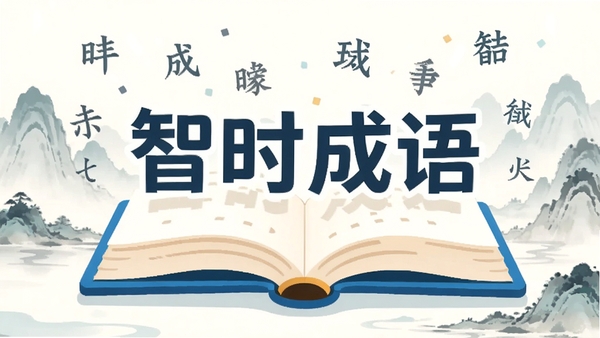 创作一幅现代扁平化风格插画,画面主体是一本打开的立体成语词典,书页上浮现出“智时成语”四个大字,背景是淡雅的水墨山水与飘散的汉字部首,整体色调清新明亮,突出知识性与趣味性,构图中心明确,适合应用商店预览图使用。