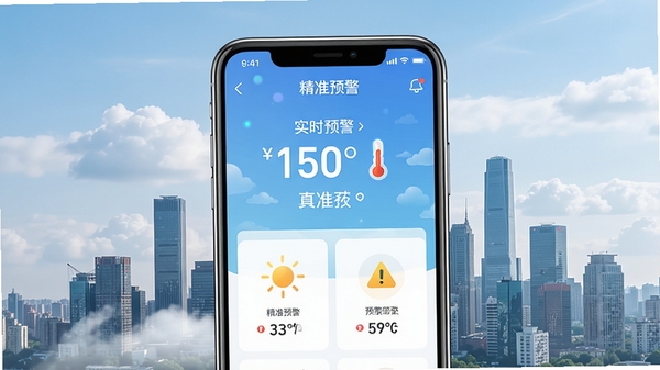 生成一张现代风格的手机应用预览图，画面主体是天气精准预警APP的界面，背景为城市天际线与云层，突出实时温度及预警图标，整体色调清新明亮，UI设计简洁大气，带有“精准预警”字样
