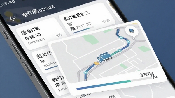 金灯塔货主端运单追踪功能截图风格图片,手机界面显示多张运单卡片,其中一张卡片展开地图,地图上显示货车图标沿路线移动,配以进度百分比条,界面设计简洁清晰