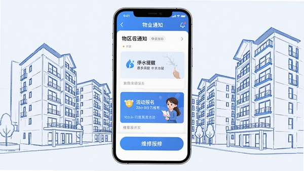 惠生活App社区服务页面展示，画面中手机界面显示物业通知列表，包含停水提醒、活动报名卡片，下方有维修报修按钮，背景为现代简约社区楼宇线稿，蓝色调干净专业