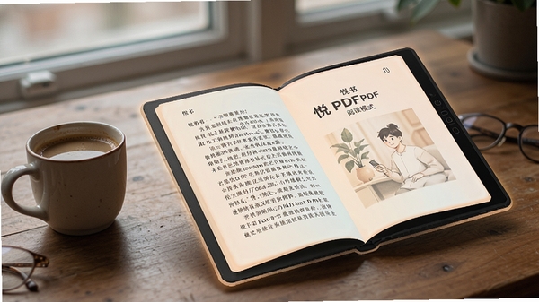 悦书PDF阅读器阅读模式展示，画面中一本打开的电子书页面清晰显示，页面边缘有柔和的护眼色调，桌面摆放一杯咖啡，营造轻松的阅读氛围
