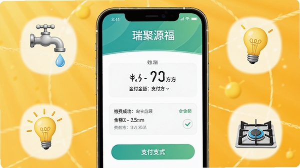 生成一张以“瑞聚源福”APP缴费功能为主题的演示图片，画面展示手机屏幕上的缴费成功界面，显示金额与支付方式，周围环绕着水龙头、电灯泡、燃气灶的小图标，背景为明亮的暖黄色调，整体风格简洁明快，突出便捷与高效的视觉感受。