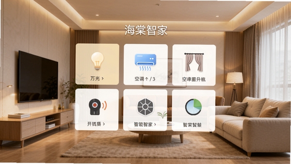 海棠智家软件主界面预览图,展示客厅智能设备控制面板,包含灯光、空调、窗帘等模块图标,背景为现代简约家居环境,暖色调,画面清晰,突出软件名称海棠智家