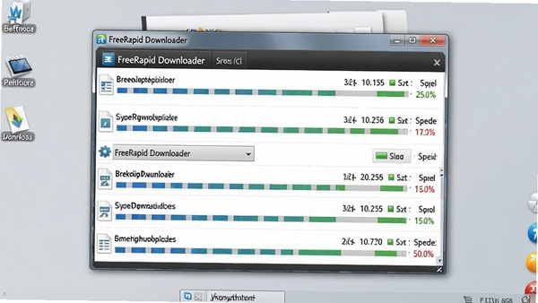 FreeRapid Downloader批量下载功能演示，界面显示多个下载任务同时进行，每个任务带有文件名、大小、进度条和速度数据，背景为浅灰色桌面环境，软件窗口置于中央，突出多任务并行处理能力，画面清晰写实