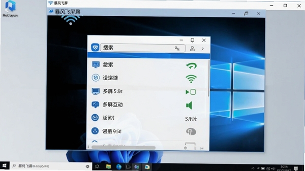 暴风飞屏电脑端主界面截图，画面中央显示设备搜索列表与连接状态图标，背景为现代简洁的浅灰色桌面，Windows窗口风格，软件名称标注于界面左上角，整体色调以蓝白为主，突出无线连接与多屏互动主题