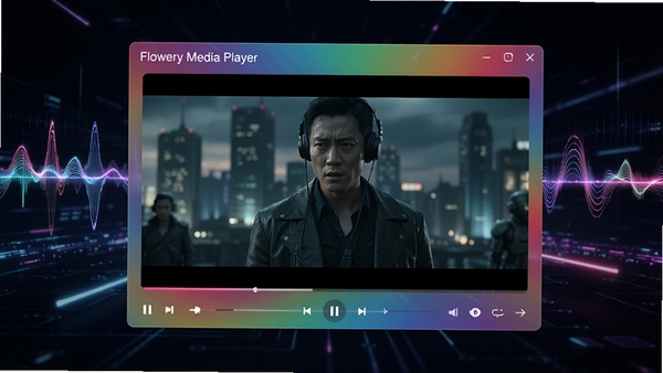 炫彩新视听（Flowery Media Player）主界面预览图，展示其炫彩半透明皮肤与正在播放高清电影的画面，背景为暗色科技感光效，整体风格时尚且富有动感，画面主体为软件窗口，背景元素为抽象光影与音乐律动波纹