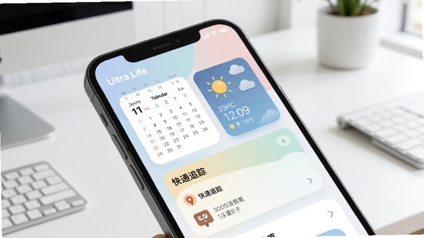 Ultra Life一体化生活看板功能展示图,智能手机屏幕内呈现多卡片信息流,包含日历、天气、快递追踪,界面设计现代,色彩柔和,软件名称Ultra Life出现在界面左上角,背景为干净的办公桌面