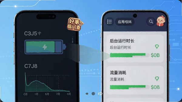 好事临门喜性能优化示意图，画面左侧是手机电池与CPU占用率的图形化数据，显示数值极低，右侧是应用管理界面，列出“后台运行时长”与“流量消耗”均为绿色健康等级，背景为简洁的科技感蓝色，整体色调清爽，但需融入“好事临门喜”的小图标。