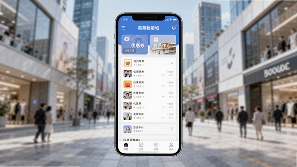 奥莱数智城整体功能预览图，画面展示手机屏幕上的应用主界面，包含商场导航、优惠券列表、会员中心等模块，背景为模糊的城市商业街区，明亮通透，现代感强，适配Boogu模型生成。