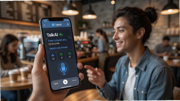 展示TalkAI智能语音助手在嘈杂咖啡厅环境中进行语音识别的场景，手机屏幕清晰显示高准确率的文字转换结果，背景虚化突出主体，画面带有科技感与生活气息，包含TalkAI智能语音助手界面元素