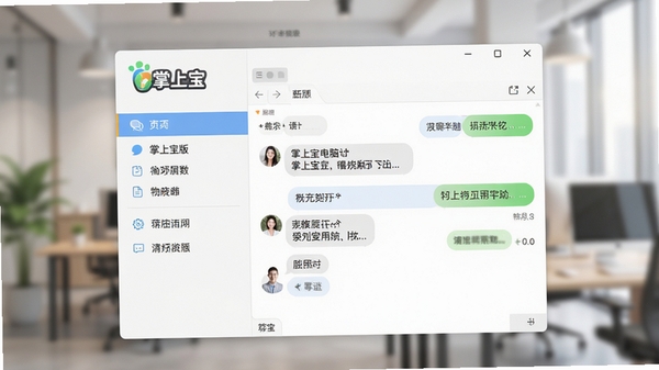 掌上宝电脑版主界面展示，一款现代风格的桌面通信软件，界面简洁明亮，左侧功能列表清晰，右侧对话窗口自然，背景为虚化的现代办公场景，高清渲染，色彩柔和，突出软件名称“掌上宝”的LOGO，整体氛围专业且友好