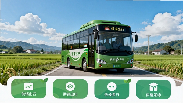 供销出行APP主界面展示，画面中央显示一辆绿色公交车行驶在乡村公路上，背景是蓝天白云和稻田，界面下方有功能按钮，整体风格清新自然，突出城乡出行主题，画面比例16:9，高清渲染