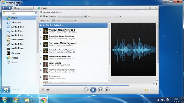 Windows Media Player 11 播放器主界面预览图,背景为深蓝色桌面主题,中央是正在播放的歌曲列表与可视化效果,界面简洁清晰,突出媒体库导航栏与播放控制按钮