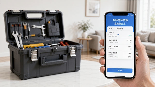 万师傅师傅版家庭服务主界面展示,一位专业师傅拿着手机看着订单详情,背景是整洁的工具箱和家居环境,画面清晰明亮,突出接单应用的实用性与便捷性