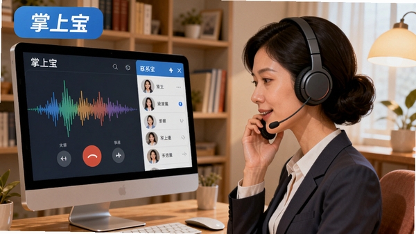 掌上宝高清语音通话功能示意图，画面中一位职业女性正在使用电脑耳机进行清晰通话，屏幕上显示通话波形与联系人列表，背景为家庭书房环境，暖色调灯光，插画风格，突出软件名称“掌上宝”标识，细节丰富