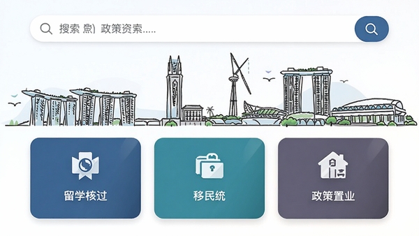 去狮城顾问端政策资讯界面设计,顶部为搜索栏,下方分类卡片展示留学、移民、置业等图标,背景配新加坡地标建筑简笔画,整体风格现代且信息层级分明
