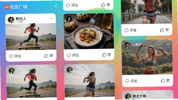 拍搭APP的社区广场页面，界面展示丰富的图文动态，包含附近的人发布的运动、美食、学习等话题卡片，卡片有评论和点赞按钮，背景是多彩渐变色，界面采用瀑布流布局，视觉活泼，适合社交产品展示