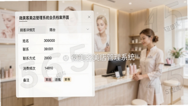 微美客美店管理系统会员档案界面截图风格图,展示顾客详情页,包含姓名、联系方式、消费频次和备注标签,背景是模糊的美容院接待区,浅色调,界面清晰,数字水印风格,细节真实