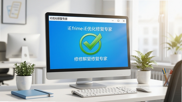 电脑桌面上运行着IE优化修复专家软件，界面显示修复完成的对勾状态，整体色调明快，背景为干净的办公室环境，寓意问题解决后的舒畅感