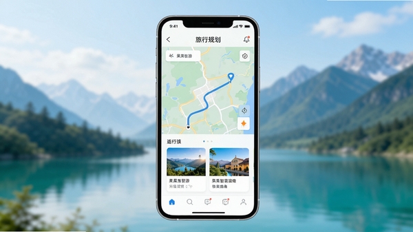 果果智游软件主界面预览图,画面中央为手机屏幕展示,屏幕内显示一个风格清新简约的旅行规划界面,包含地图路线与景点卡片,背景是模糊处理的山水风景,整体色调明亮,突出智能与便捷感