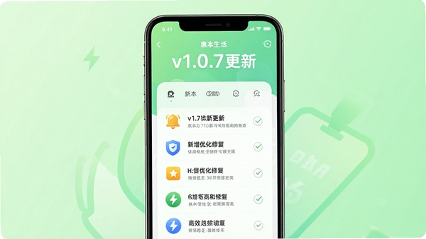 惠生活更新日志示意图，画面中央展示手机版本更新界面，上方有“v1.0.7更新”字样，下方罗列新增优化修复条目，背景为浅绿色清爽渐变，配有小图标如铃铛、盾牌、闪电，体现高效稳定