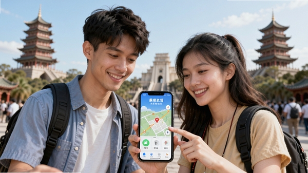 果果智游用户使用场景图,图中显示两位年轻游客正拿着手机查看屏幕上的地图,背景是著名的旅游景点,他们的表情轻松愉快,手机屏幕上有果果智游的界面元素