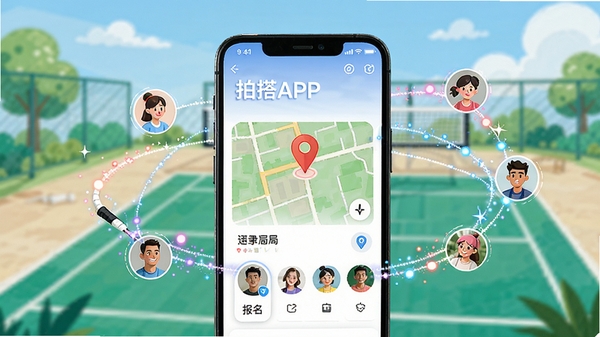 拍搭APP的组局功能使用场景，画面展示手机屏幕中创建了一个羽毛球活动局，有地图定位和报名人头像，周围有动态的粒子效果连接不同用户，背景是简洁的户外球场，插画风格，色彩明快，突出便捷与高效