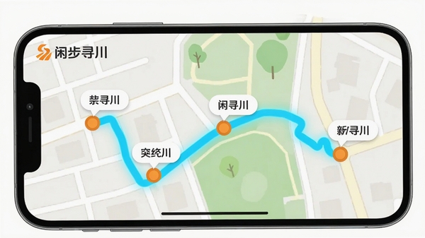 一张手机横屏展示的轨迹记录界面,地图上有一条亮蓝色的行走路线,途经几个橙色圆形标记点,每个标记点旁有小型文字气泡,背景为简化的街道与绿地,整体画面干净明亮,突出闲步寻川的轨迹绘制与标记功能,界面左上角有“闲步寻川”Logo。