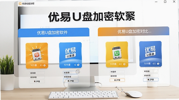 优易U盘加密软件推荐界面，展示多款加密软件对比图，背景为桌面电脑，画面清晰，包含优易U盘加密软件名称