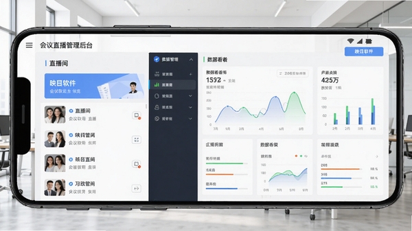 映目软件主界面预览图,展示在安卓手机上运行的会议直播管理后台,包含直播间列表、数据看板等核心功能模块,背景为现代简约的办公场景,画面清晰明亮,突出移动端高效管理的特点