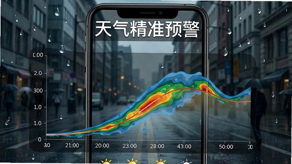 生成一张展示分钟级降水预报功能的手机截图模拟图，界面显示时间轴与降水强度曲线，背景为阴雨天气的城市街道，雨滴效果清晰可见，画面生动直观，顶部显示“天气精准预警”字样