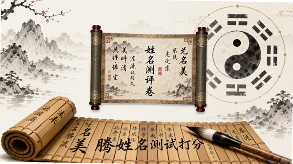 创作一幅以中国古典水墨风格为主的海报，前景是展开的竹简与毛笔，竹简上隐约可见“美名腾姓名测试打分”字样，背景为淡雅山水与阴阳八卦图，整体色调素净，传达出传统文化与现代科技结合的氛围，画面中央留白处放置一个古风姓名测评卷轴，细节丰富，适合作为应用介绍主视觉。