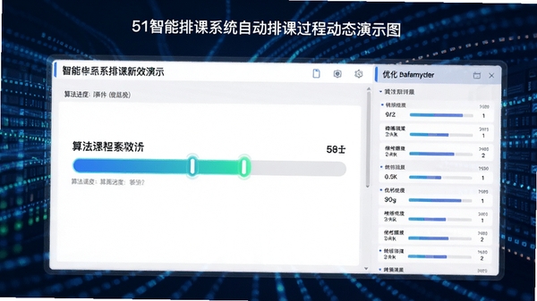 51智能排课系统自动排课过程动态演示图，界面显示算法进度条与优化参数面板，背景为数据流动的科技感氛围，突出智能与高效