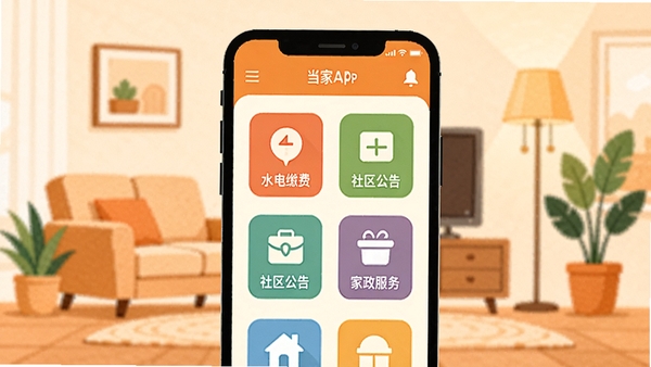 创作一幅现代智能家居生活场景的扁平化插画，画面中央是一部放大展示的智能手机，屏幕中显示当家APP的主界面，包含水电缴费、社区公告、家政服务等彩色功能图标，背景是温馨的家庭客厅轮廓，有沙发、绿植和柔和的灯光，整体色调以暖橙色和米白色为主，突出便捷与亲切感，画面干净整洁，无文字。