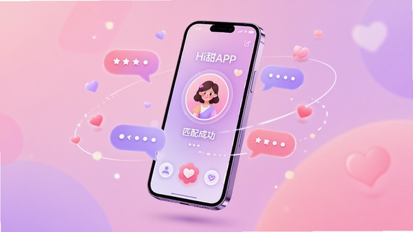 Hi甜软件界面概念图,画面主体为一部亮屏的智能手机悬浮于柔和渐变背景中央,屏幕上展示着Hi甜APP的匹配成功动画,周围环绕着轻盈的对话气泡与爱心光斑,整体色调以甜蜜的粉紫色为主,营造出温馨、时尚且充满科技感的社交氛围,突出软件主打轻松交友的核心功能。
