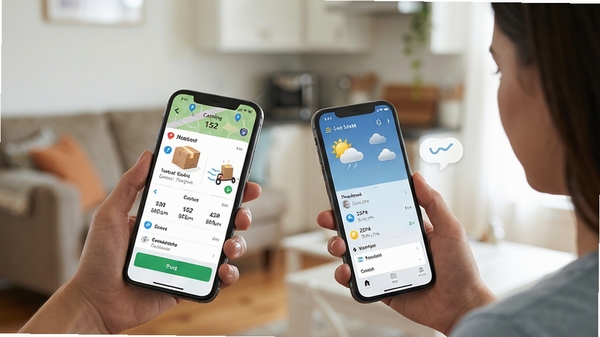 Lo查查使用场景示意图，展示用户在不同生活场景中使用手机查询信息，如查看快递、查询天气，背景模糊处理突出手机屏幕内容，画面自然生动。