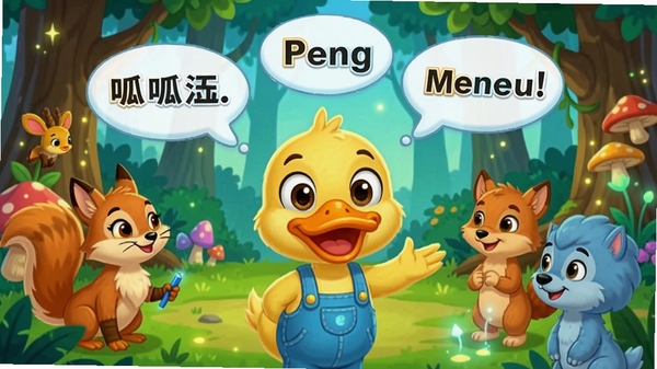 呱呱鸭英语动画课程场景截图,卡通鸭子主角在魔法森林里与动物朋友们进行英语对话互动,画面上方显示单词气泡,色彩明快,儿童插画风格,画面生动活泼